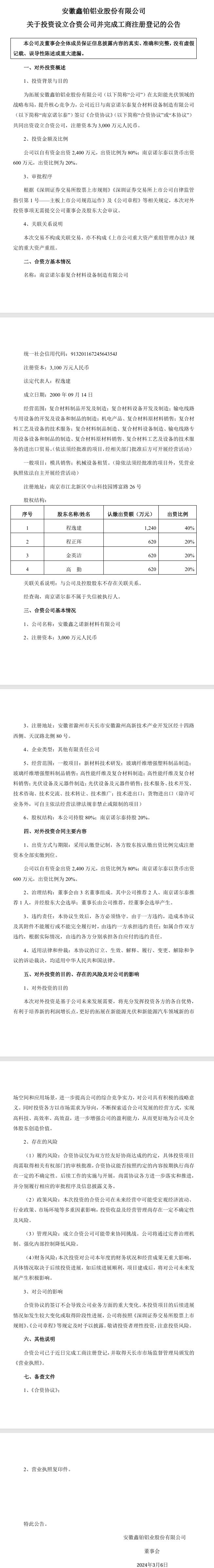 鑫鉑股份：為拓展太陽能光伏領(lǐng)域的戰(zhàn)略布局設(shè)立合資公司，出資2400萬元