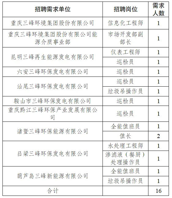 副部長、巡檢員、水處理工程師……重慶三峰環(huán)境集團公開招聘