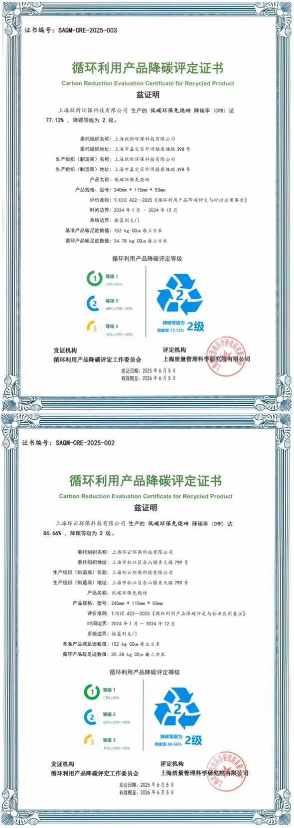 上海環(huán)境低碳環(huán)保免燒磚獲頒全國首批《循環(huán)利用產(chǎn)品降碳評定證書》