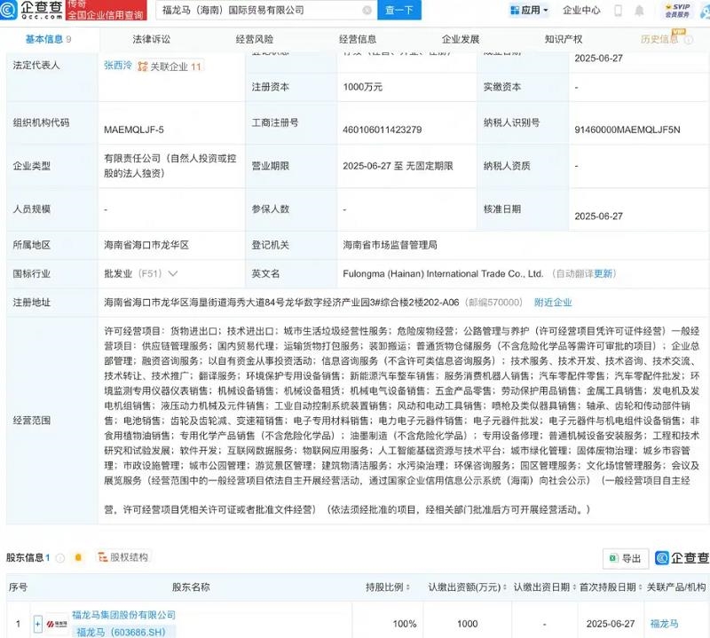 涉固廢環(huán)衛(wèi)業(yè)務(wù)，福龍馬在海南成立國(guó)際貿(mào)易公司