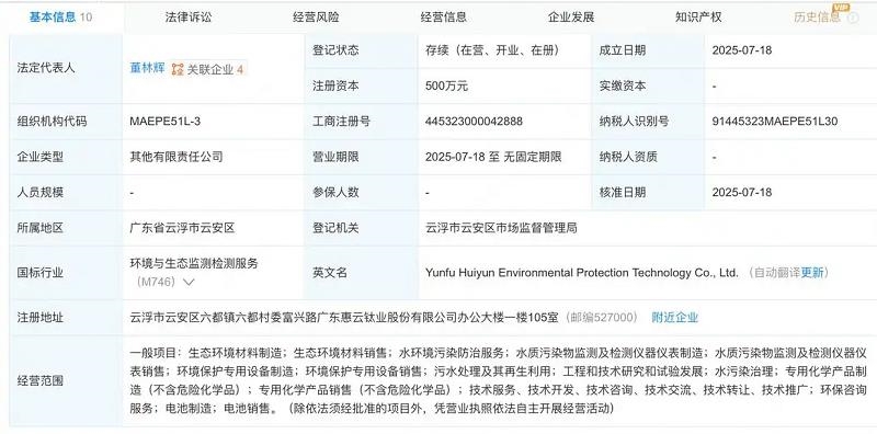 惠云鈦業(yè)等成立環(huán)?？萍夹鹿? width=