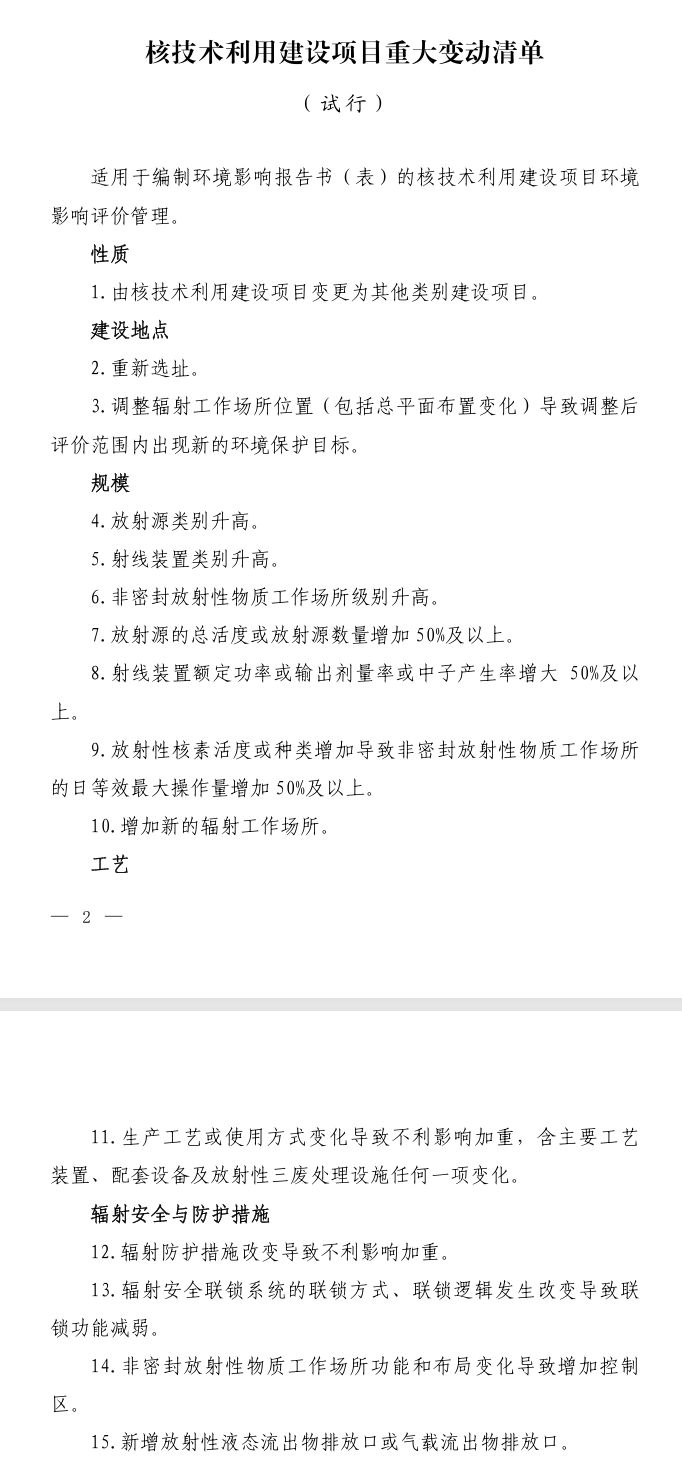 《核技術(shù)利用建設(shè)項(xiàng)目重大變動清單（試行）》出爐